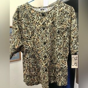 Box Office Women’s Black-Gold-Brown Tropical Floral Button Closure Top Size M